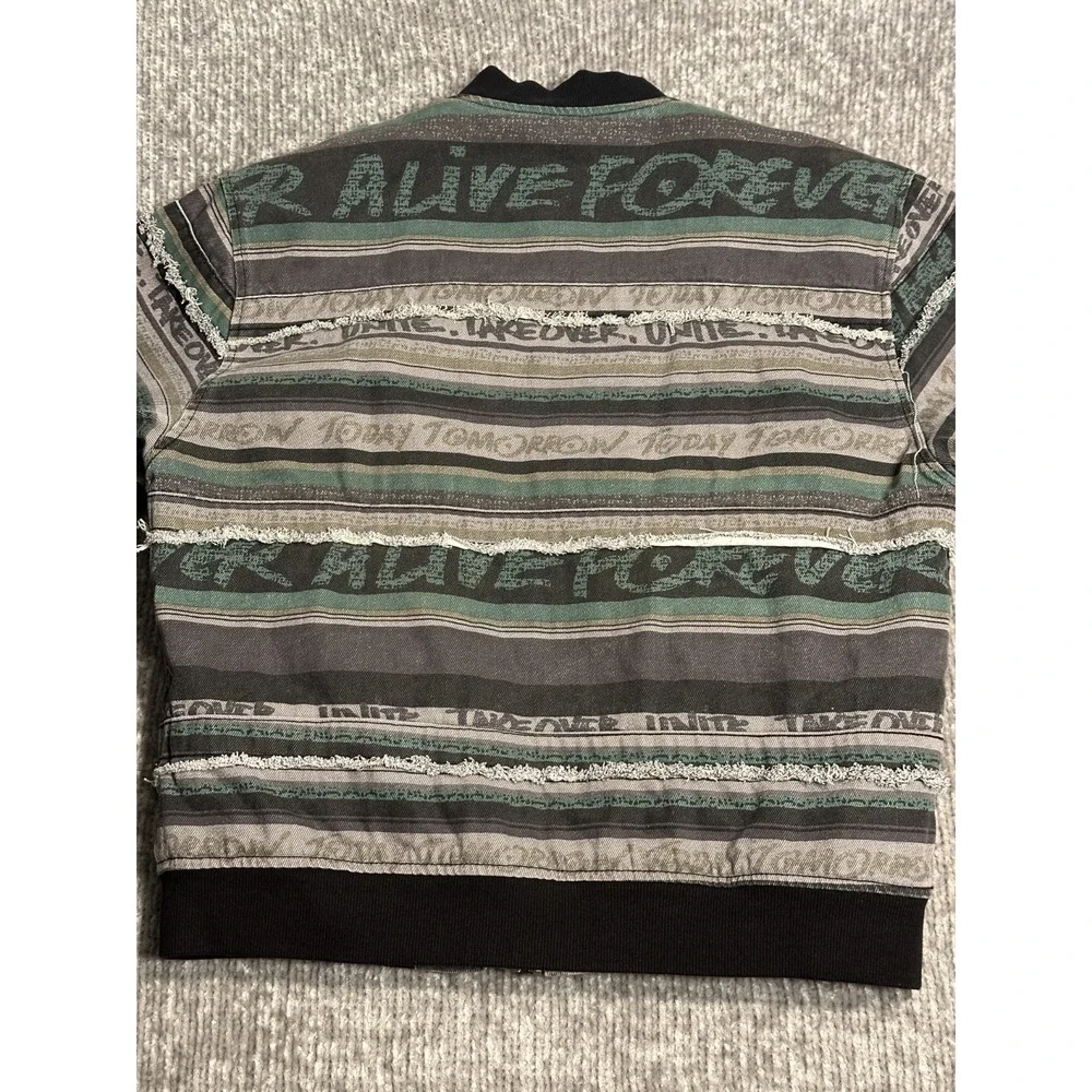 Forever 21 Men's Bomber Jacket L Quilted Distressed Striped Graphic Y2K Zip Rare